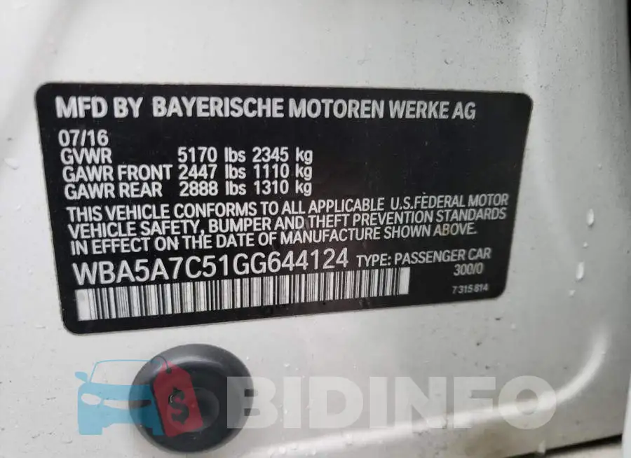 WBA5A7C51GG644124 Photo# 13