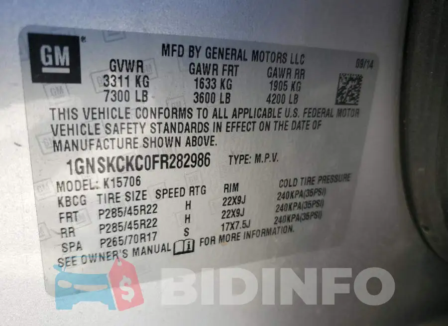 1GNSKCKC0FR282986 Photo# 12