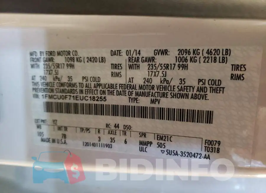 1FMCU0F71EUC18255 Photo# 13