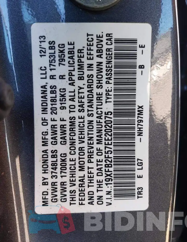 19XFB2F57EE202075 Photo# 13