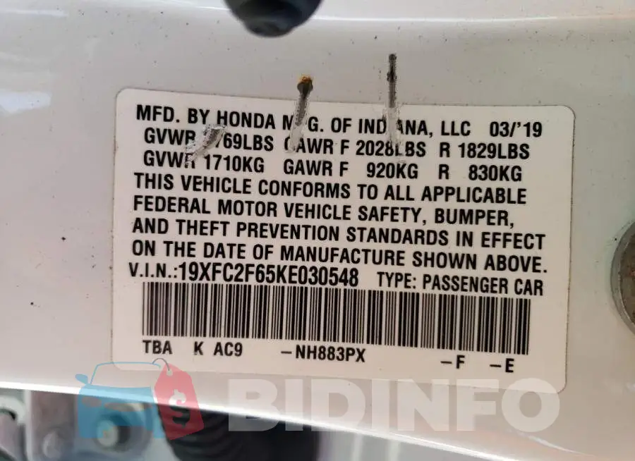 19XFC2F65KE030548 Photo# 12