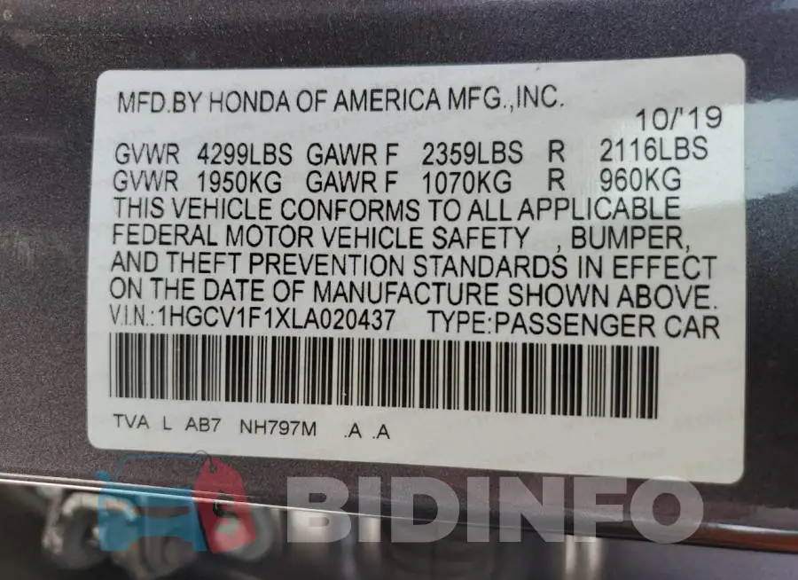 1HGCV1F1XLA020437 Photo# 12