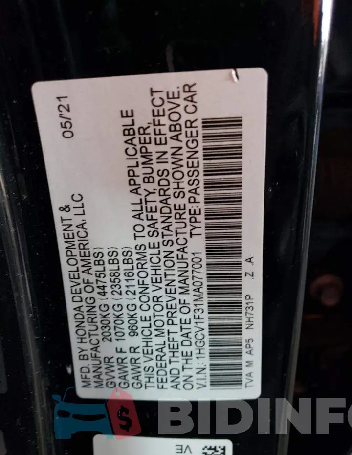 1HGCV1F31MA077001 Photo# 12