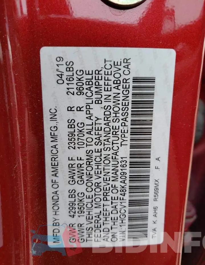 1HGCV1F48KA091631 Photo# 13