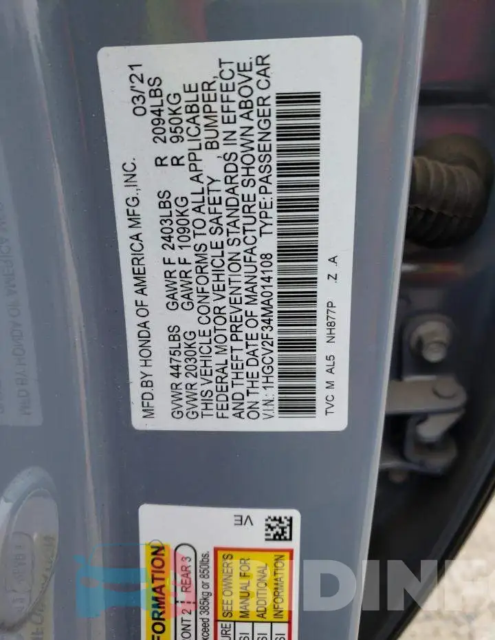 1HGCV2F34MA014108 Photo# 12