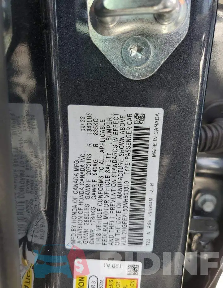 2HGFE2F50NH603819 Photo# 12