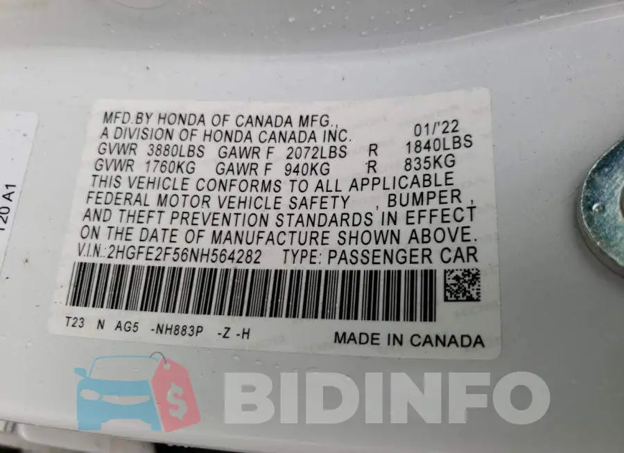 2HGFE2F56NH564282 Photo# 10