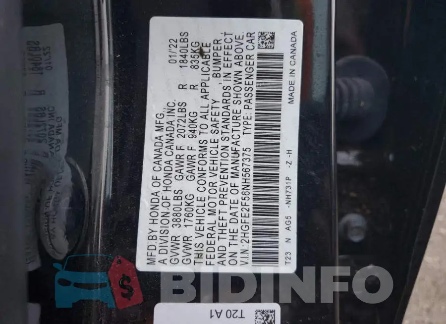 2HGFE2F56NH567375 Photo# 13