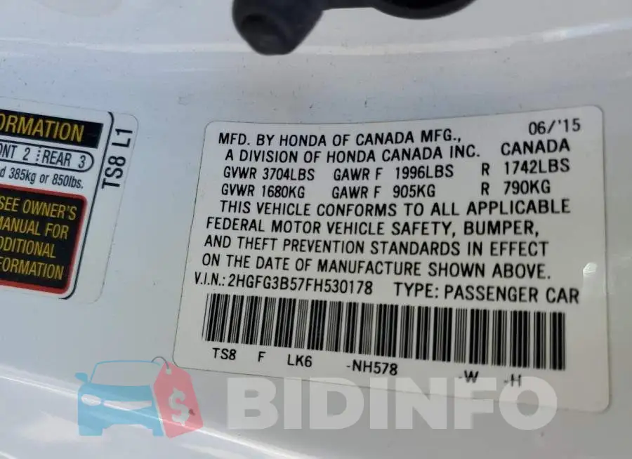 2HGFG3B57FH530178 Photo# 12
