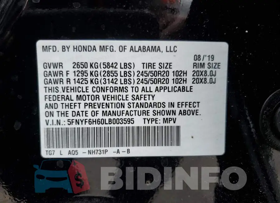 5FNYF6H60LB003595 Photo# 13