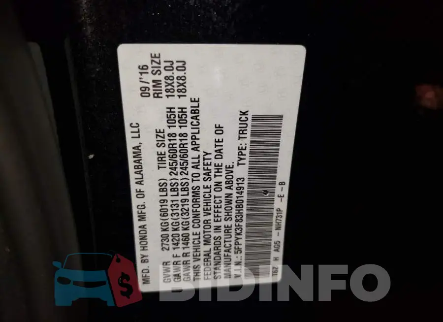 5FPYK3F83HB014913 Photo# 12