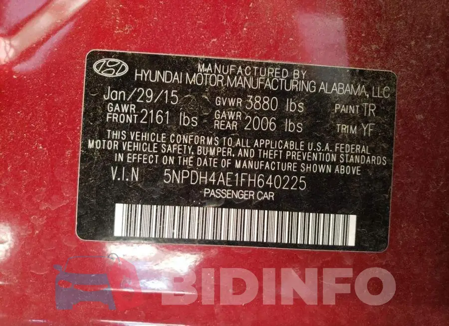 5NPDH4AE1FH640225 Photo# 12