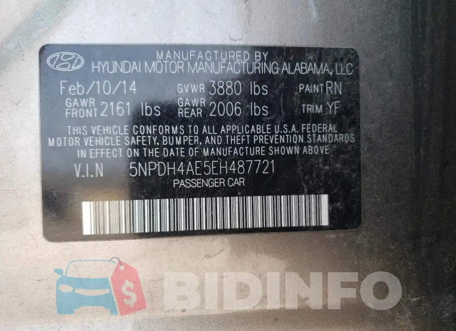 5NPDH4AE5EH487721 Photo# 12