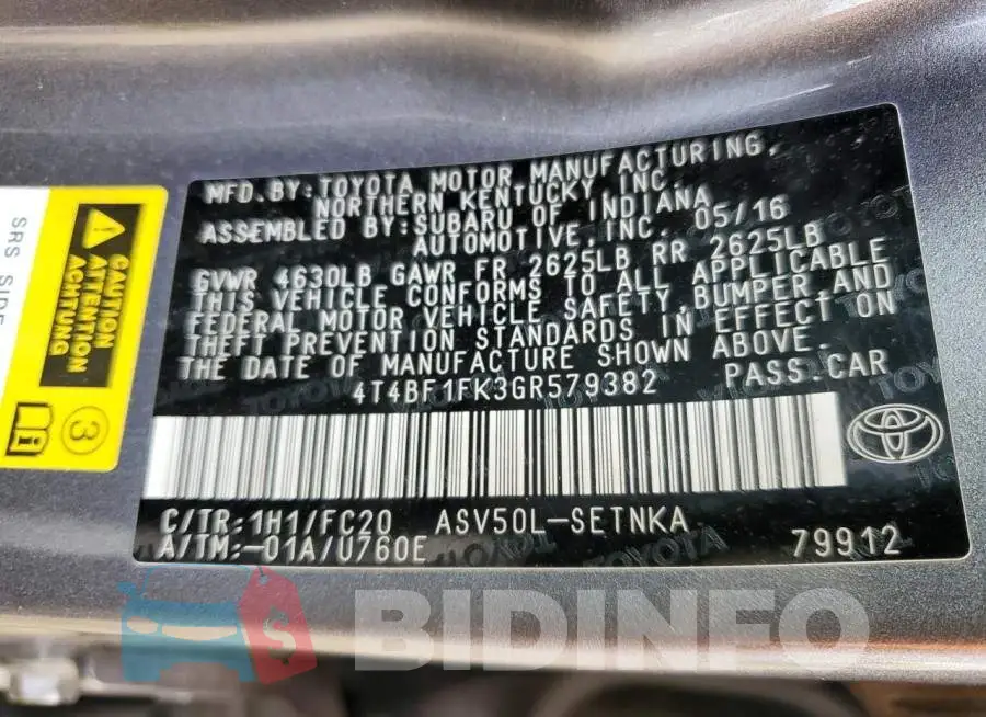 4T4BF1FK3GR579382 Photo# 12