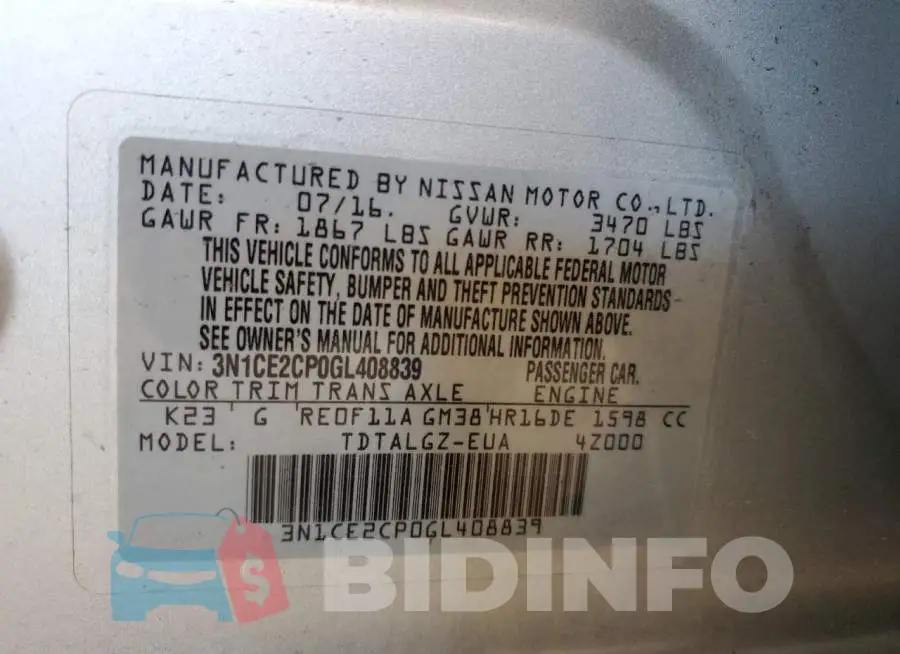 3N1CE2CP0GL408839 Photo# 13