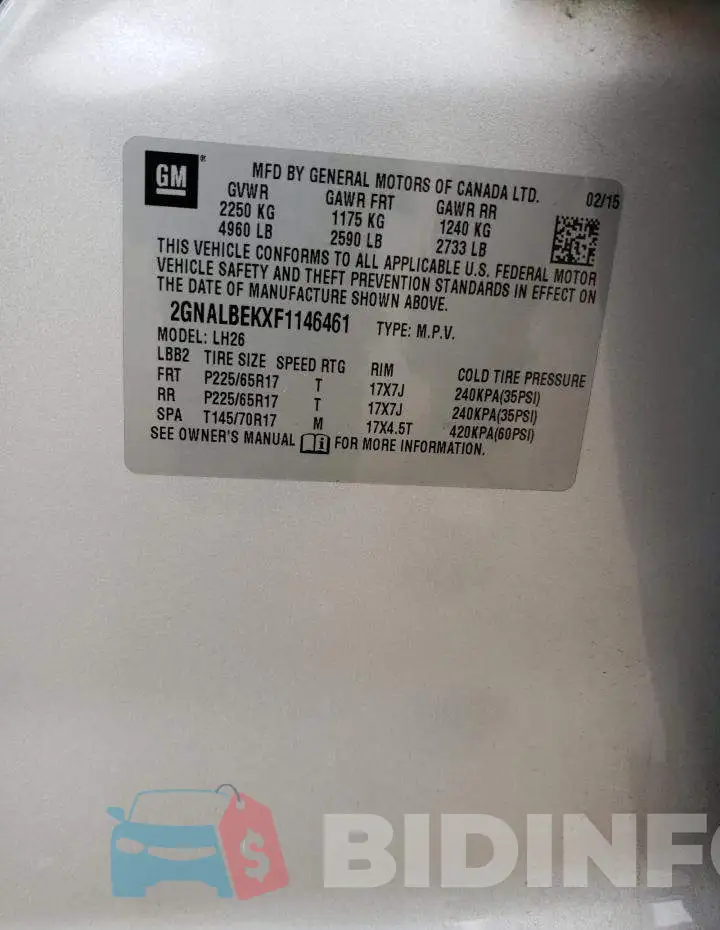 2GNALBEKXF1146461 Photo# 14