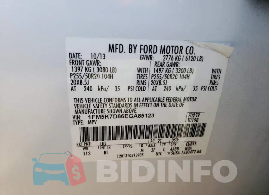 1FM5K7D86EGA85123 Photo# 13