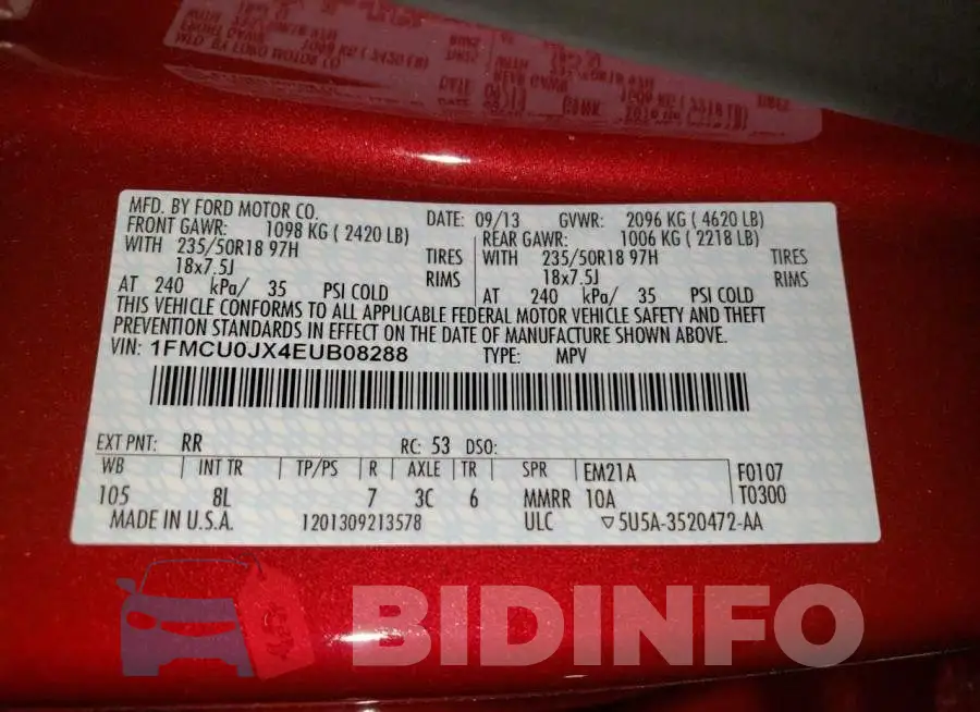 1FMCU0JX4EUB08288 Photo# 13