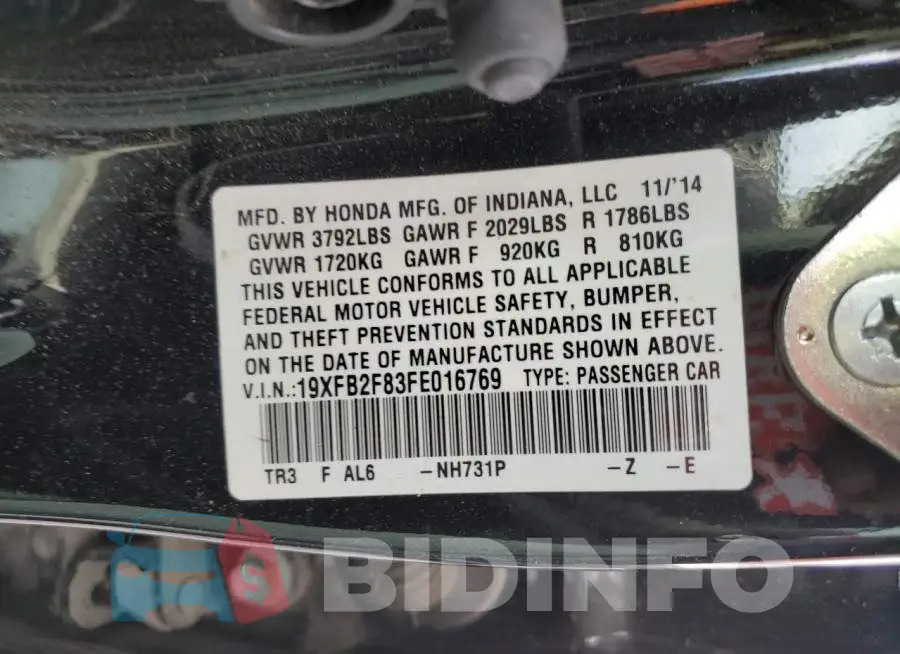 19XFB2F83FE016769 Photo# 12