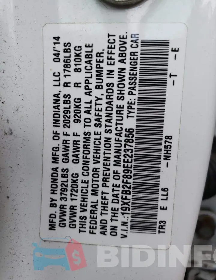 19XFB2F89EE237856 Photo# 12