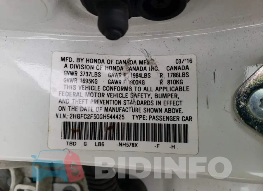 2HGFC2F50GH544425 Photo# 12