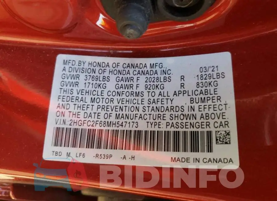 2HGFC2F68MH547173 Photo# 12