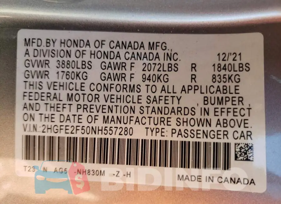 2HGFE2F50NH557280 Photo# 12