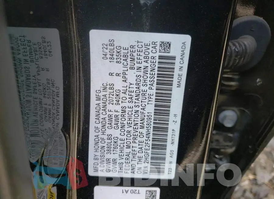 2HGFE2F54NH580951 Photo# 12