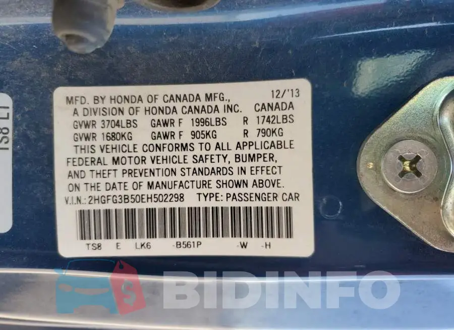 2HGFG3B50EH502298 Photo# 13