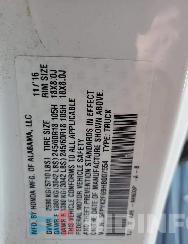 5FPYK2F69HB007554 Photo# 12