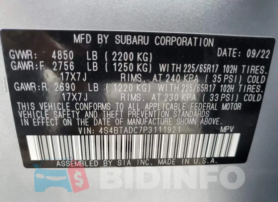 4S4BTADC7P3111921 Photo# 10