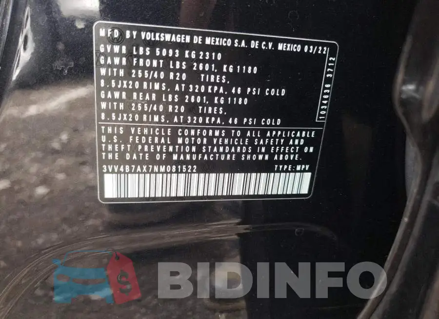 3VV4B7AX7NM081522 Photo# 12