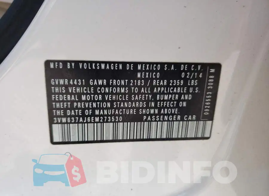 3VW637AJ6EM273530 Photo# 12