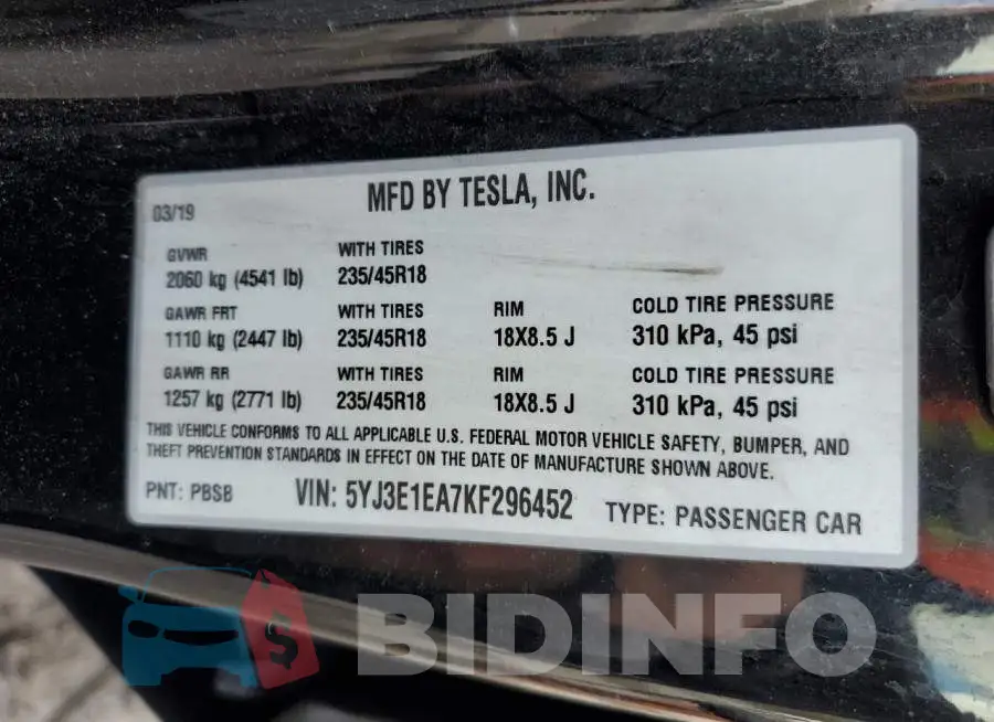 5YJ3E1EA7KF296452 Photo# 13