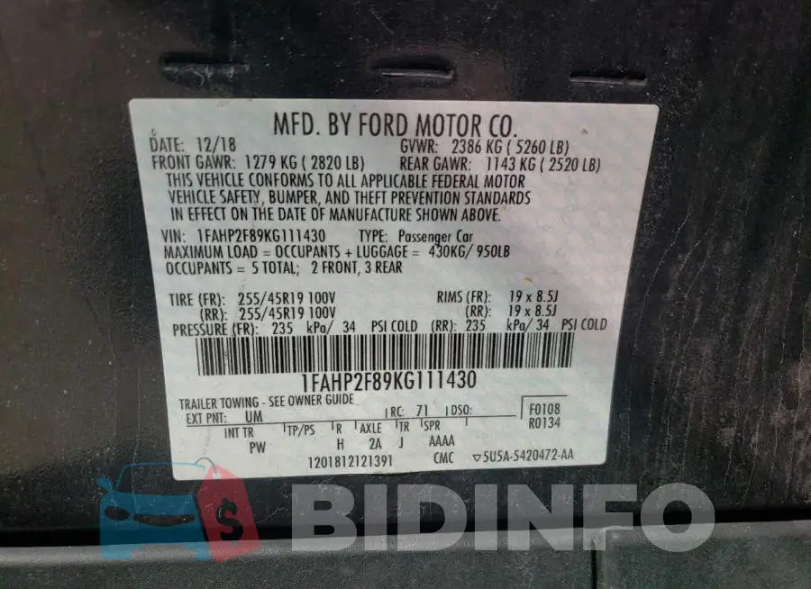 1FAHP2F89KG111430 Photo# 12