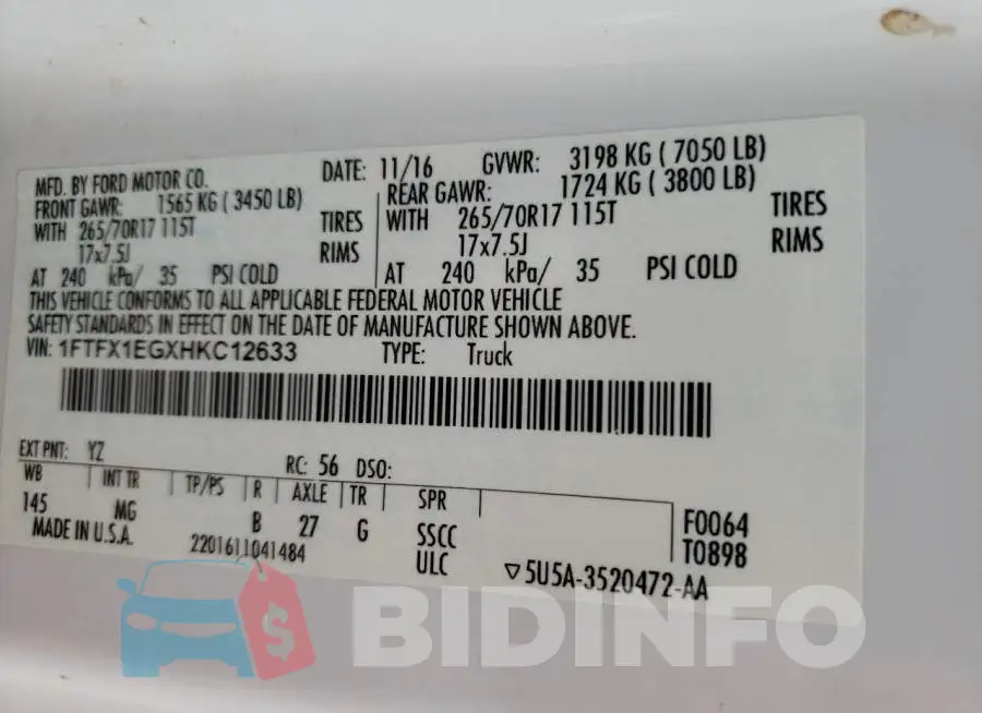 1FTFX1EGXHKC12633 Photo# 12