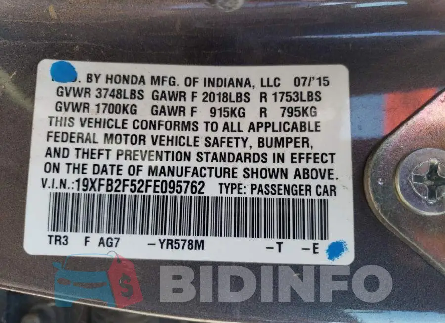 19XFB2F52FE095762 Photo# 12