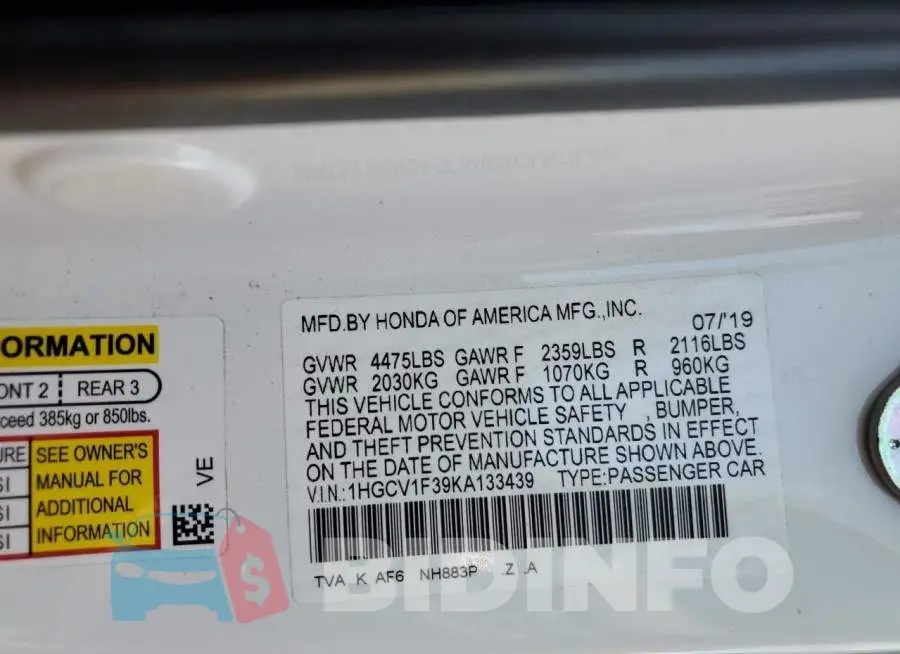 1HGCV1F39KA133439 Photo# 13