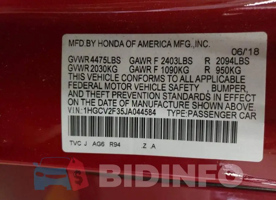 1HGCV2F35JA044584 Photo# 12
