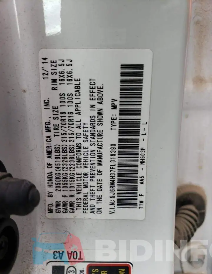 5J6RM4H37FL019390 Photo# 12