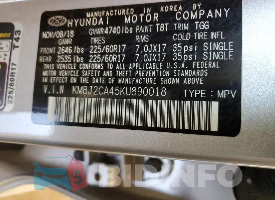 KM8J2CA45KU890018 Photo# 12