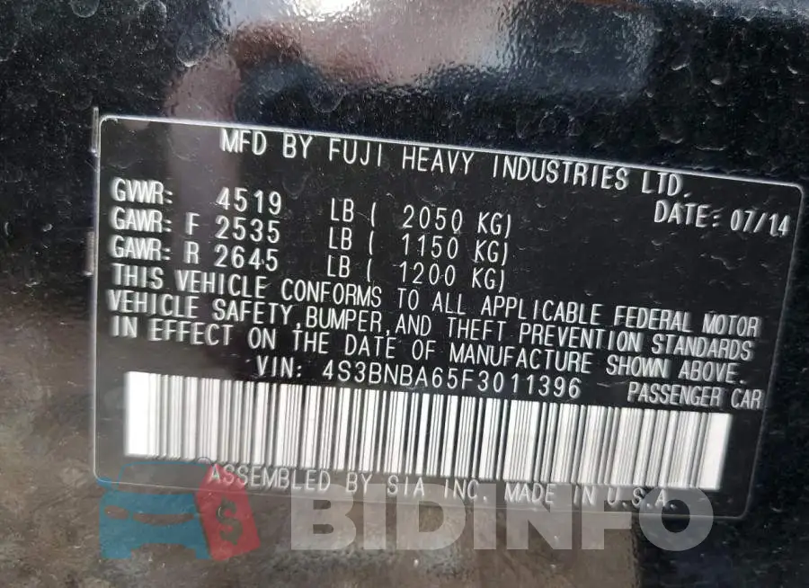 4S3BNBA65F3011396 Photo# 10