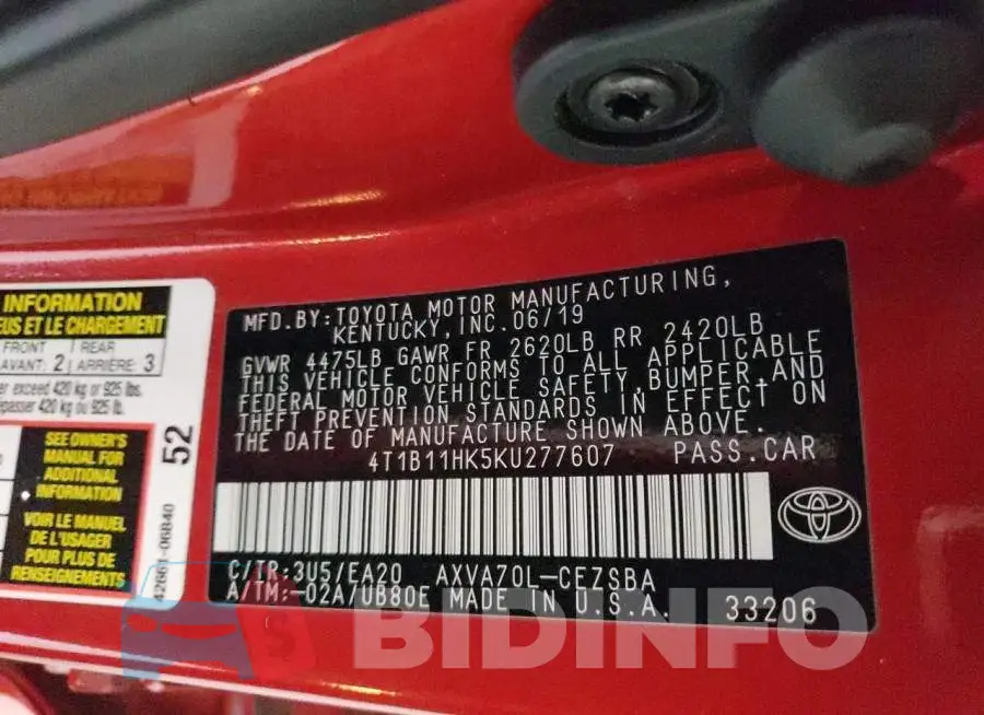 4T1B11HK5KU277607 Photo# 13