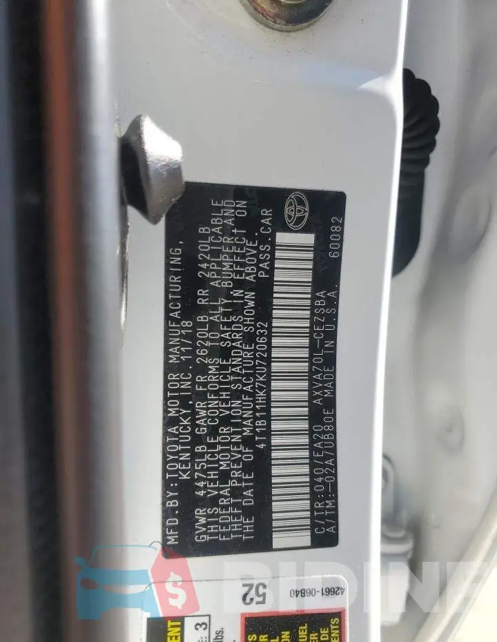 4T1B11HK7KU720632 Photo# 12