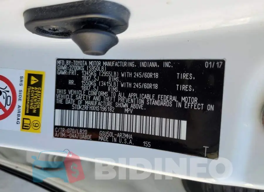 5TDKZRFHXHS196182 Photo# 14