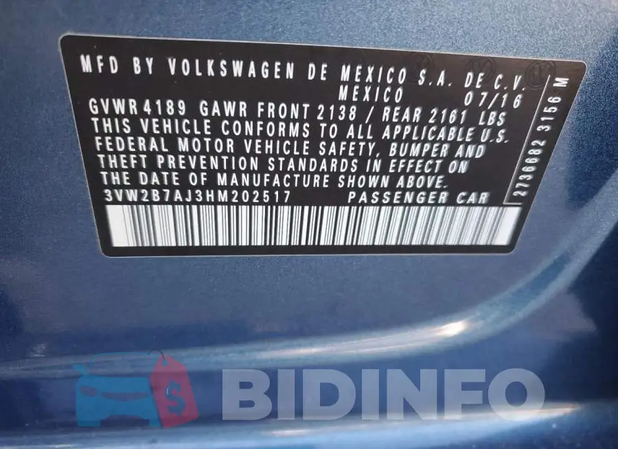 3VW2B7AJ3HM202517 Photo# 12