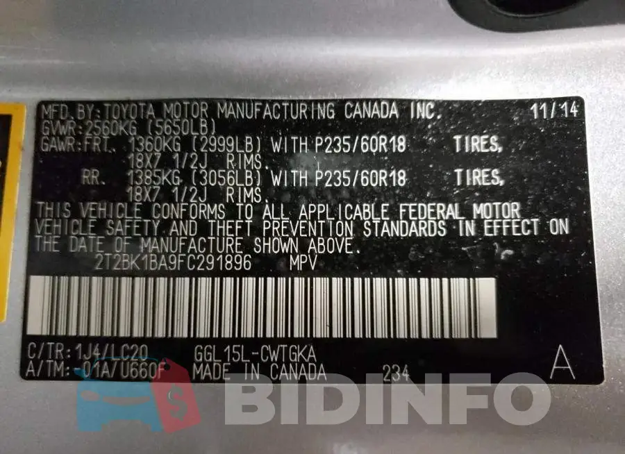 2T2BK1BA9FC291896 Photo# 14