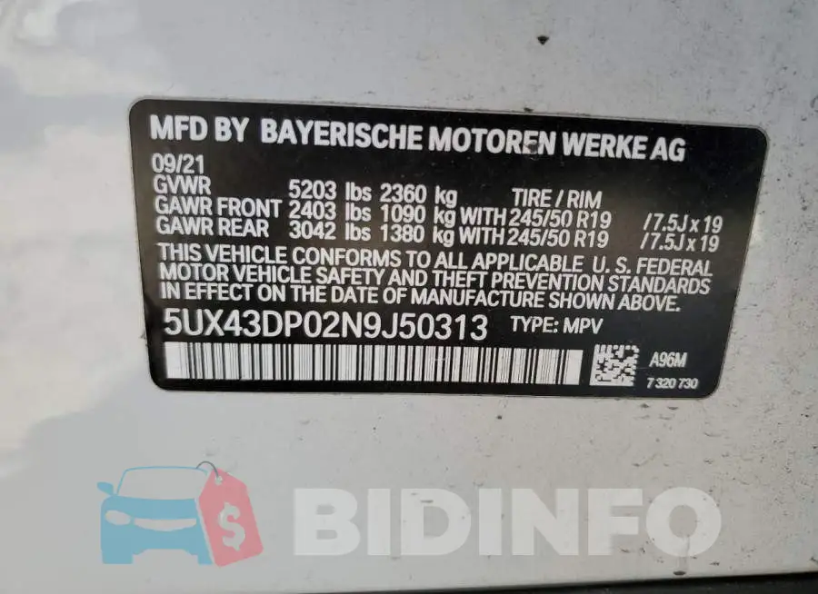5UX43DP02N9J50313 Photo# 13