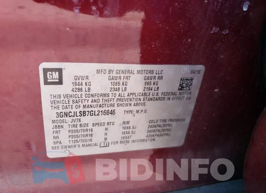 3GNCJLSB7GL216846 Photo# 12