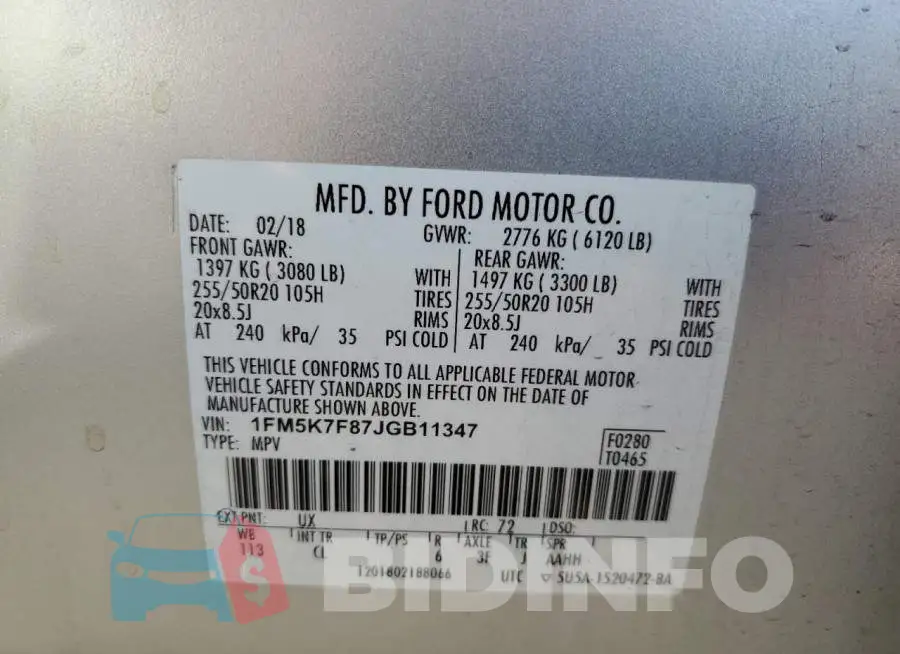 1FM5K7F87JGB11347 Photo# 10